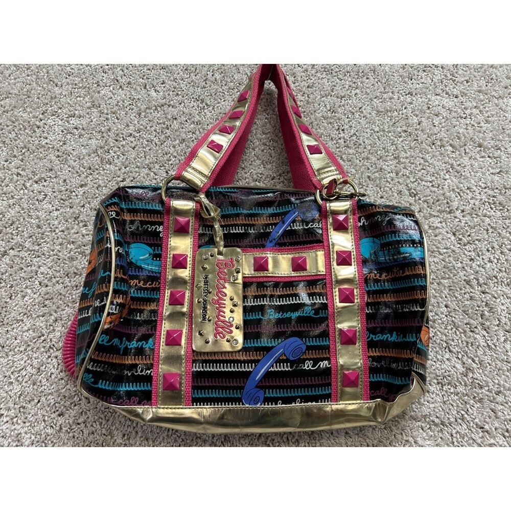 Vtg Betsey Johnson Y2K Black Call Me Betseyville Phone Barrel Bag Dress Handbag